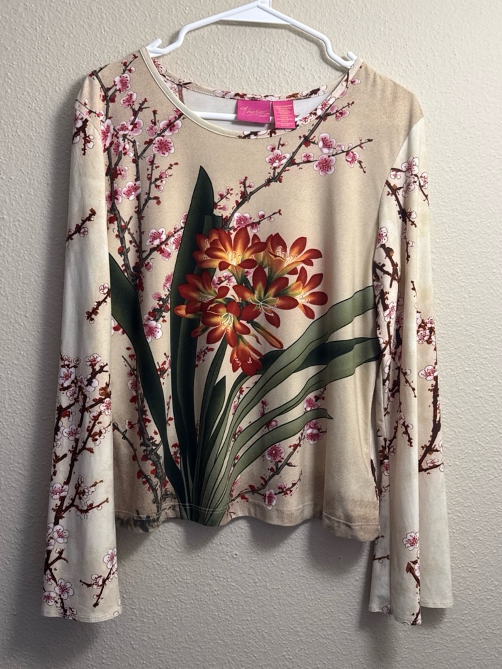 Floral Botanical Long-Sleeve Tee in Beige by Jessica McClintock